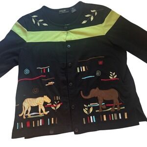 Onque Casuals Safari Embroidered Top Elephant Tiger Button Front M Black Green‎